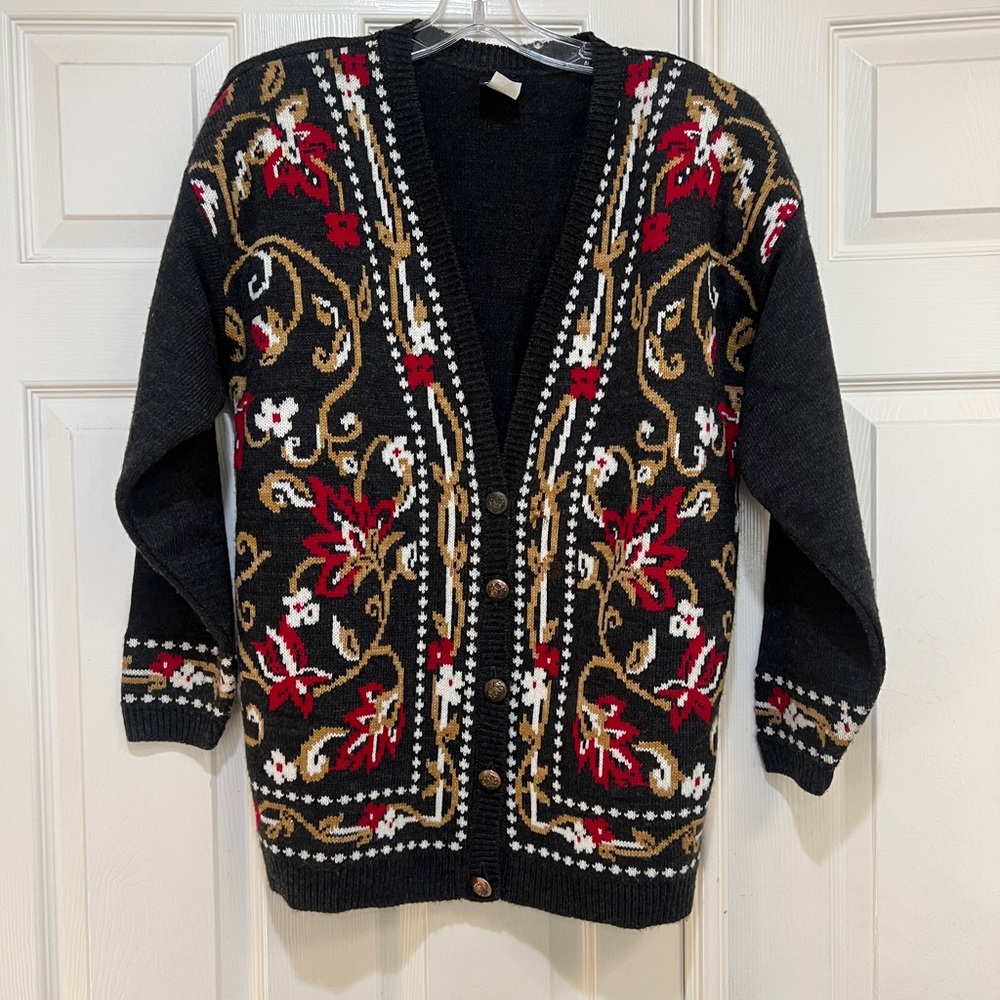 Vintage Panther Nordic Floral Cardigan Sweater Medium V-Neck Made in USA medium